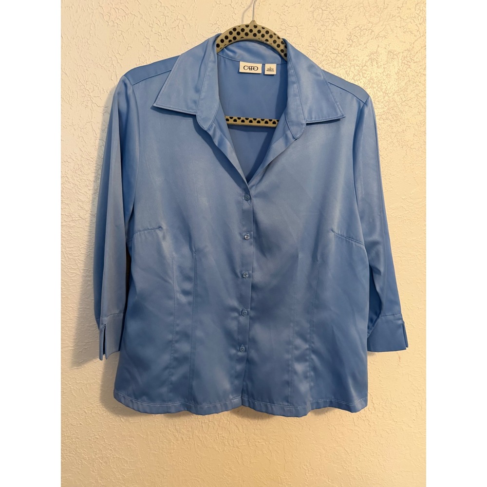 Cato Womens Blue Satin 3/4 Sleeve Button Down Blouse Size Large RN37080